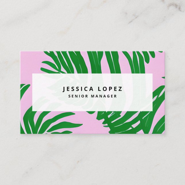 Preppy Pink + Green Palm Leaves Professional Business Card (Front)