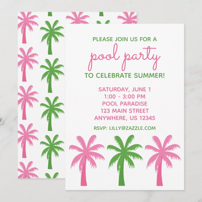 Preppy Pink & Green Palm Trees Party Invitations (Front/Back)