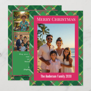 Preppy Pink Green Plaid Christmas Photo Collage Holiday Card