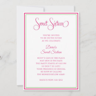 Preppy Pink Green Sweet Sixteen Invitation