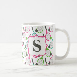 Preppy Pink Green Teal Tennis Pattern Personalised Coffee Mug