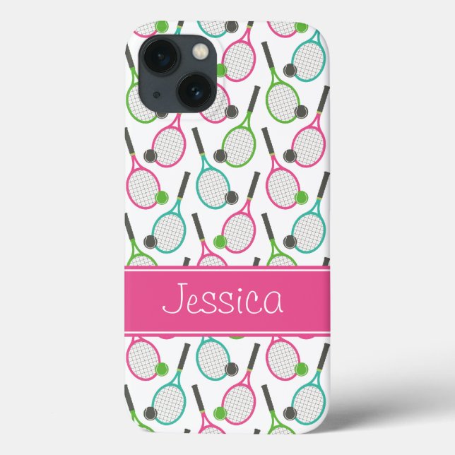 Preppy Pink Green Teal Tennis Pattern Personalized Case-Mate iPhone Case (Back)