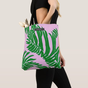 Preppy Pink & Green Tropical Palm Leaves Tote Bag