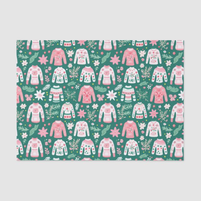 Preppy Pink & Green Ugly Christmas Sweaters Tissue Paper (Front)
