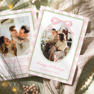 Preppy Pink & Green Whimsical Bow Holiday Card