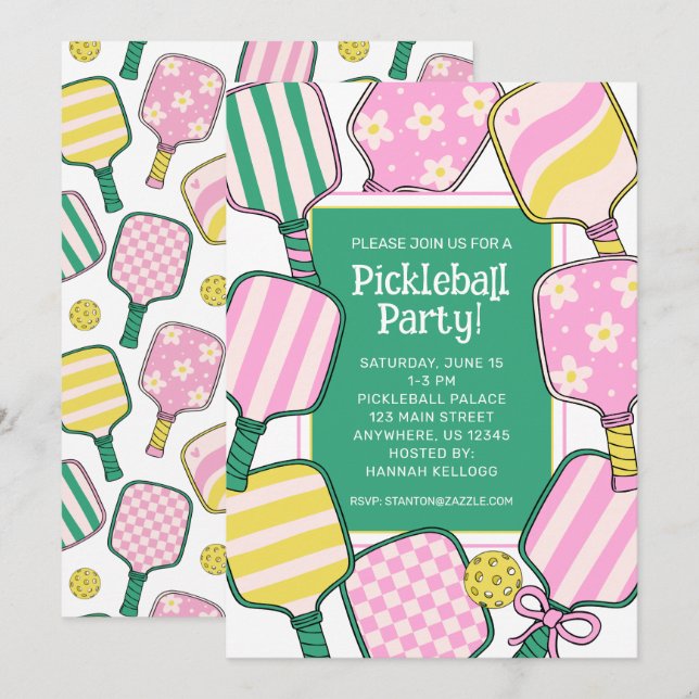 Preppy Pink Green & Yellow Pickleball Invitation (Front/Back)