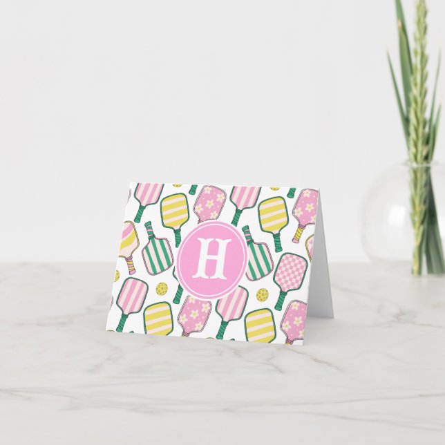 Preppy Pink Green Yellow Pickleball Monogram Note Card (Front)