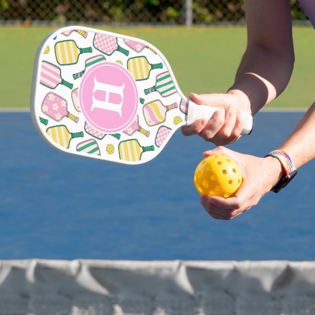 Preppy Pink Green & Yellow Pickleball Monogram Pickleball Paddle (Insitu)