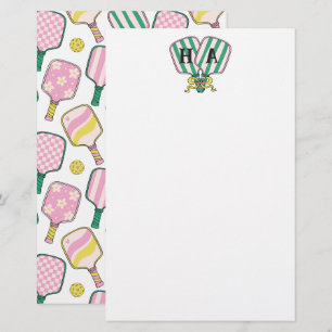Preppy Pink Green & Yellow Pickleball Monogram Stationery