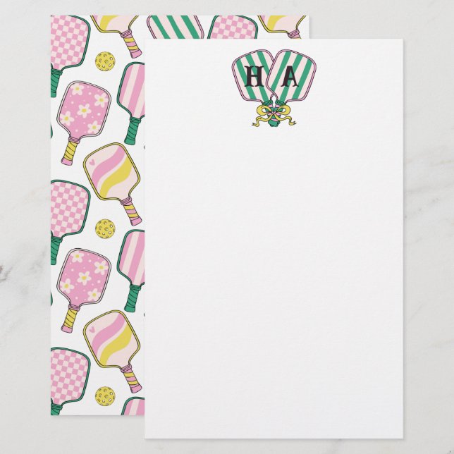 Preppy Pink Green & Yellow Pickleball Monogram Stationery (Front/Back)