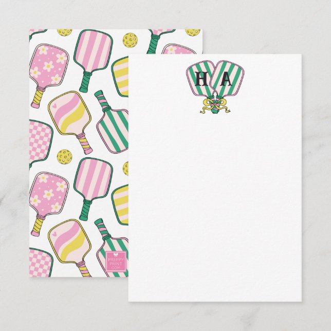 Preppy Pink Green & Yellow Pickleball Monogram Thank You Card (Front/Back)