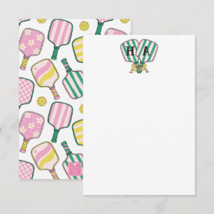Preppy Pink Green & Yellow Pickleball Monogram Thank You Card