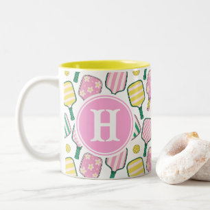Preppy Pink Green & Yellow Pickleball Monogram Two-Tone Coffee Mug