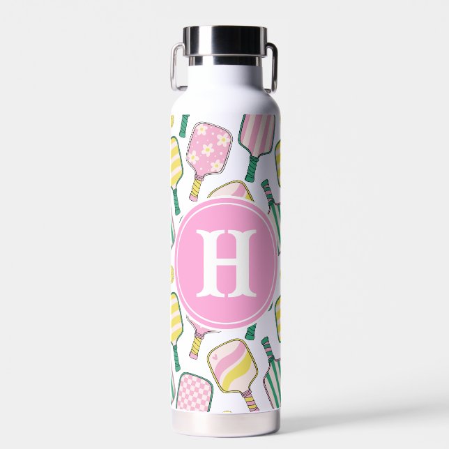 Preppy Pink Green & Yellow Pickleball Monogram Water Bottle (Front)