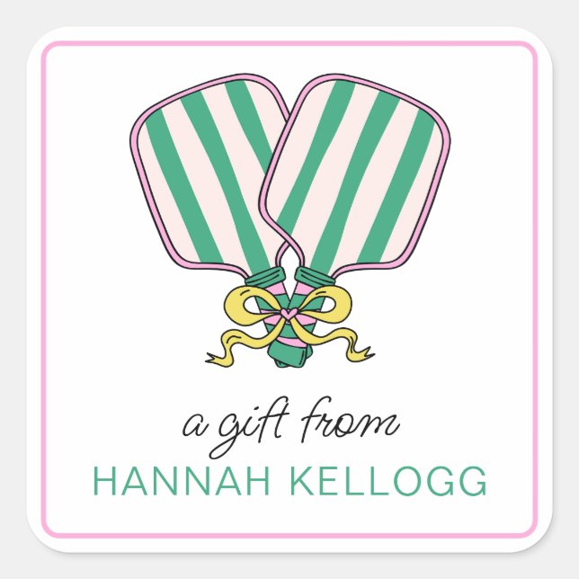 Preppy Pink Green & Yellow Pickleball Paddles Gift Square Sticker (Front)