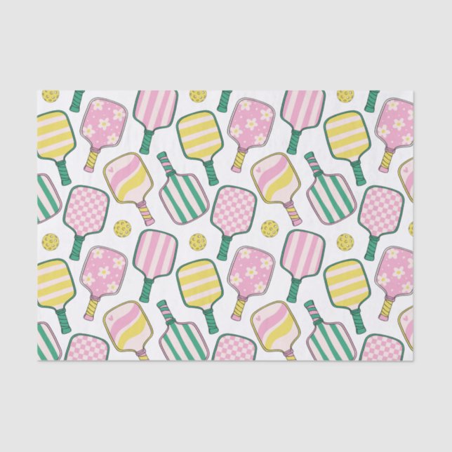 Preppy Pink Green & Yellow Pickleball Paddles Tissue Paper (Front)