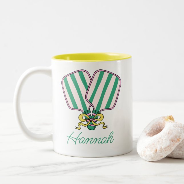 Preppy Pink Green & Yellow Pickleball Paddles Two-Tone Coffee Mug (With Donut)