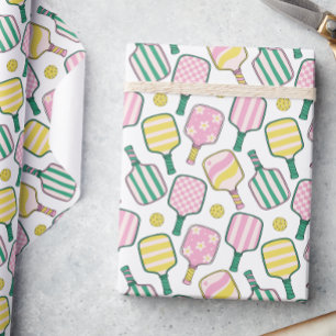 Preppy Pink Green & Yellow Pickleball Paddles Wrapping Paper