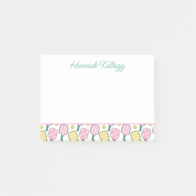 Preppy Pink Green & Yellow Pickleball Personalised Post-it Notes (Front)