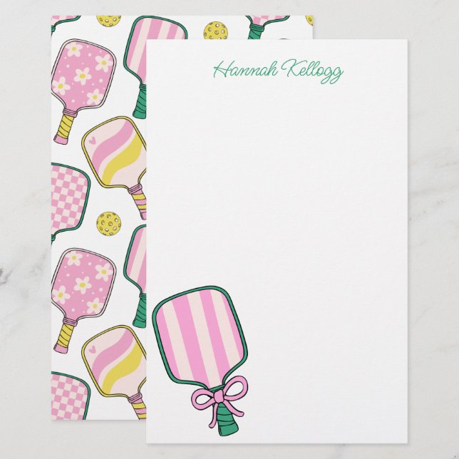 Preppy Pink Green & Yellow Pickleball Personalised Stationery (Front/Back)