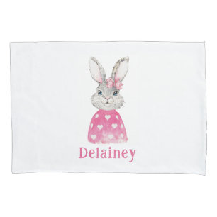 Preppy Pink Heart Bow Bunny Personalised Pillowcase