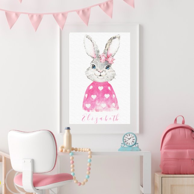 Preppy Pink Heart Personalised Bunny  Canvas Print (Creator Uploaded)