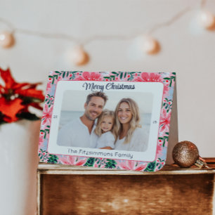 Preppy Pink Holiday Floral Photo Card