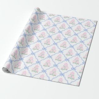 Preppy Pink Hydrangea with Blue Bow Trellis Wrapping Paper
