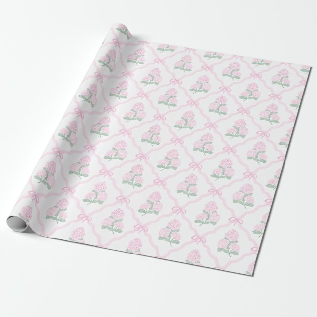 Preppy Pink Hydrangea with Pink Bow Trellis Wrapping Paper (Unrolled)