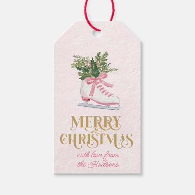 Preppy Pink Ice Skate Christmas gift tag (Front)