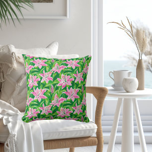 Preppy Pink Lily Floral Greenery Chic Garden Decor Cushion
