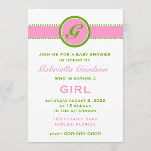 Preppy Pink & Lime Green Monogram Striped 2 Baby Invitation