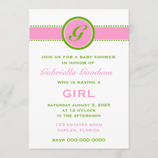 Preppy Pink & Lime Green Monogram Striped 2 Baby Invitation