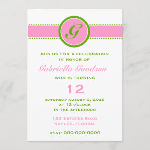 Preppy Pink & Lime Green Monogram Striped 2 Invitation