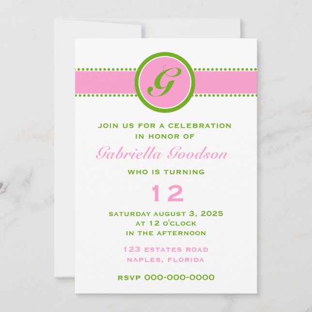 Preppy Pink & Lime Green Monogram Striped Surprise Invitation (Front)