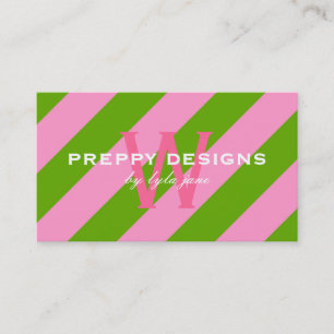 Preppy Pink & Lime Green Striped Monogram Business Card