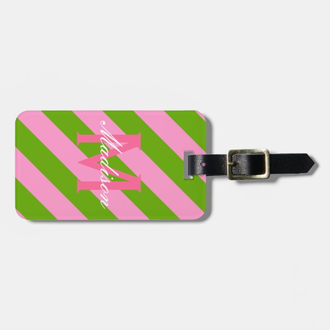 Preppy Pink & Lime Green Striped Monogram Luggage Tag (Front Horizontal)