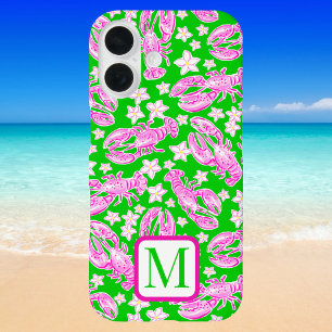 Preppy Pink Lobsters Floral Green Monogram iPhone 16 Case