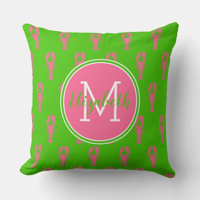 Preppy Pink Lobsters on Green Monogram Cushion (Front)