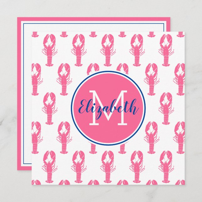 Preppy Pink Lobsters on White With Navy Monogram (Front/Back)