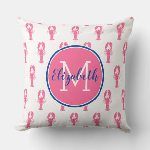 Preppy Pink Lobsters on White With Navy Monogram Cushion
