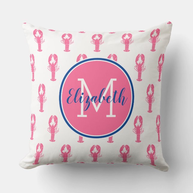Preppy Pink Lobsters on White With Navy Monogram Cushion (Front)