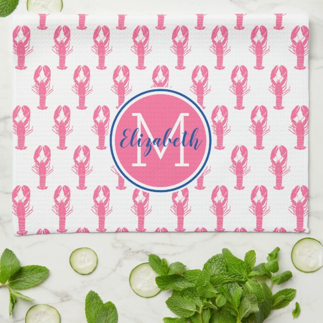 Preppy Pink Lobsters on White With Navy Monogram Tea Towel (Folded)