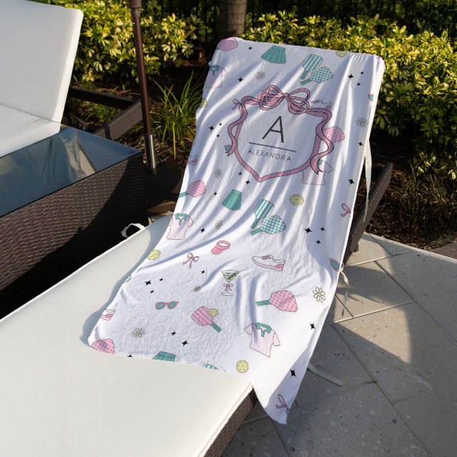 Preppy Pink Monogram Pickleball Gift for Her Beach Towel (Creator Uploaded)