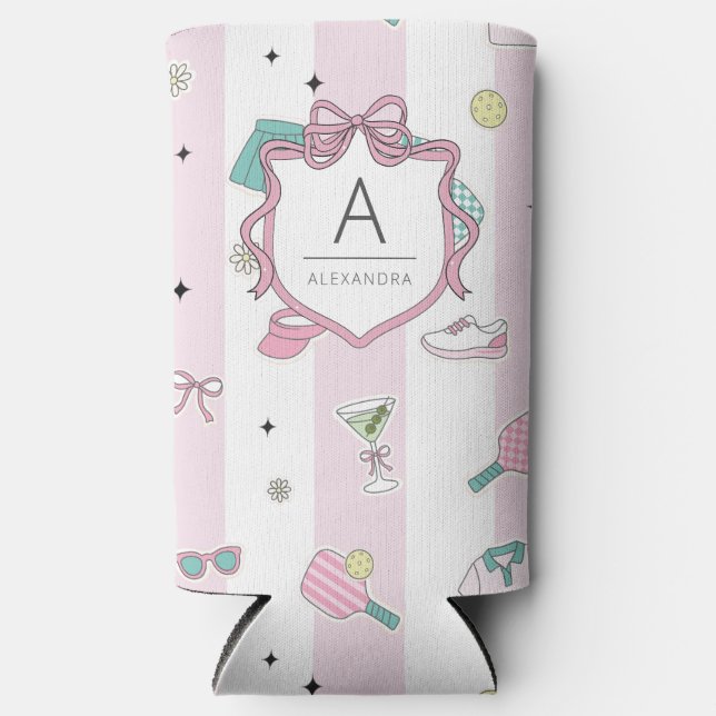 Preppy Pink Monogram Pickleball Gift for Her Seltzer Can Cooler (Front)