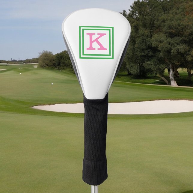 Preppy Pink Monogram with Green Border Golf Head Cover (Creator Uploaded)