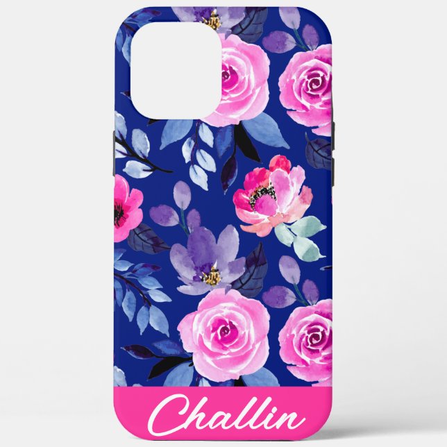 Preppy Pink Navy Palm Floral Personalised iPhone  Case-Mate iPhone Case (Back)