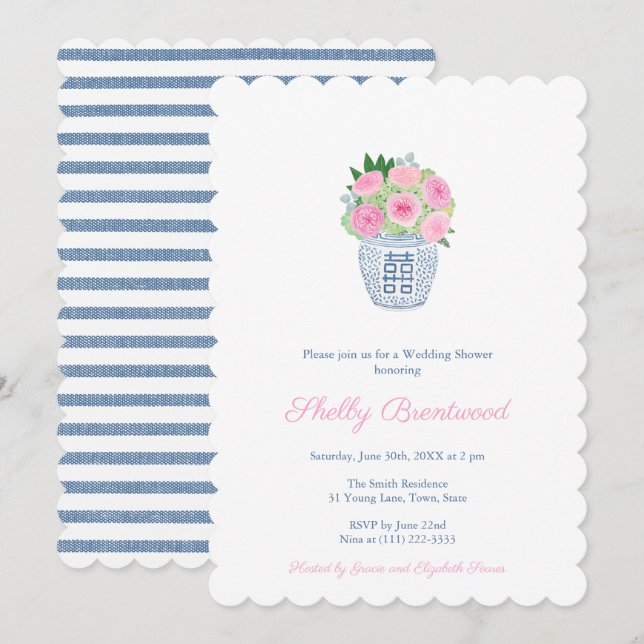 Preppy Pink Navy Roses Chinoiserie Wedding Shower Invitation (Front/Back)