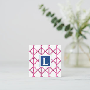 Preppy Pink Navy Trellis Bamboo Pattern Monogram Card