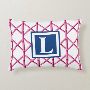 Preppy Pink Navy Trellis Bamboo Pattern Monogram Decorative Cushion